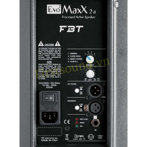 Mặt sau của loa sân khấu FBT Evo2maxx 2A có đầy đủ jack cắm Loa sân khấu FBT Evo2maxx 2A - Loa chính hãng nhập khẩu từ Italia