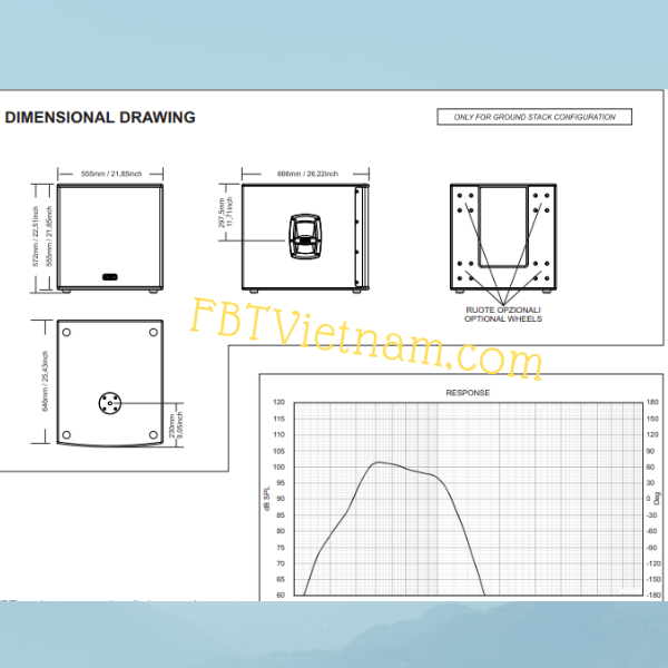 Bản vẽ mô tả thiết kế và dải tần số âm thanh của loa FBT SUBLINE 118SA Bản vẽ mô tả thiết kế và dải tần số âm thanh của loa FBT SUBLINE 118SA