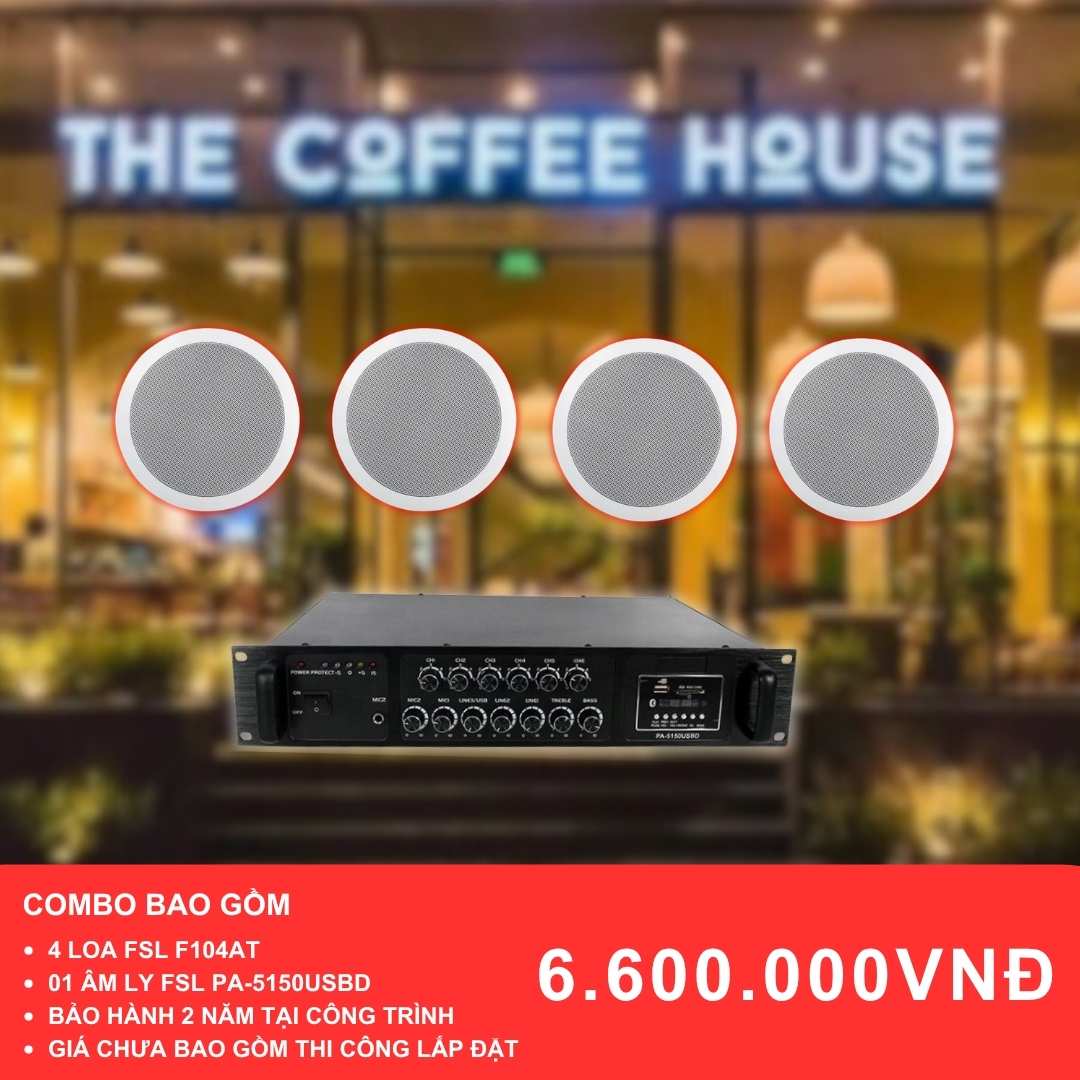 Combo loa âm trần F104AT và PA-5150USBD cho quán cafe diện tích 50-100m2