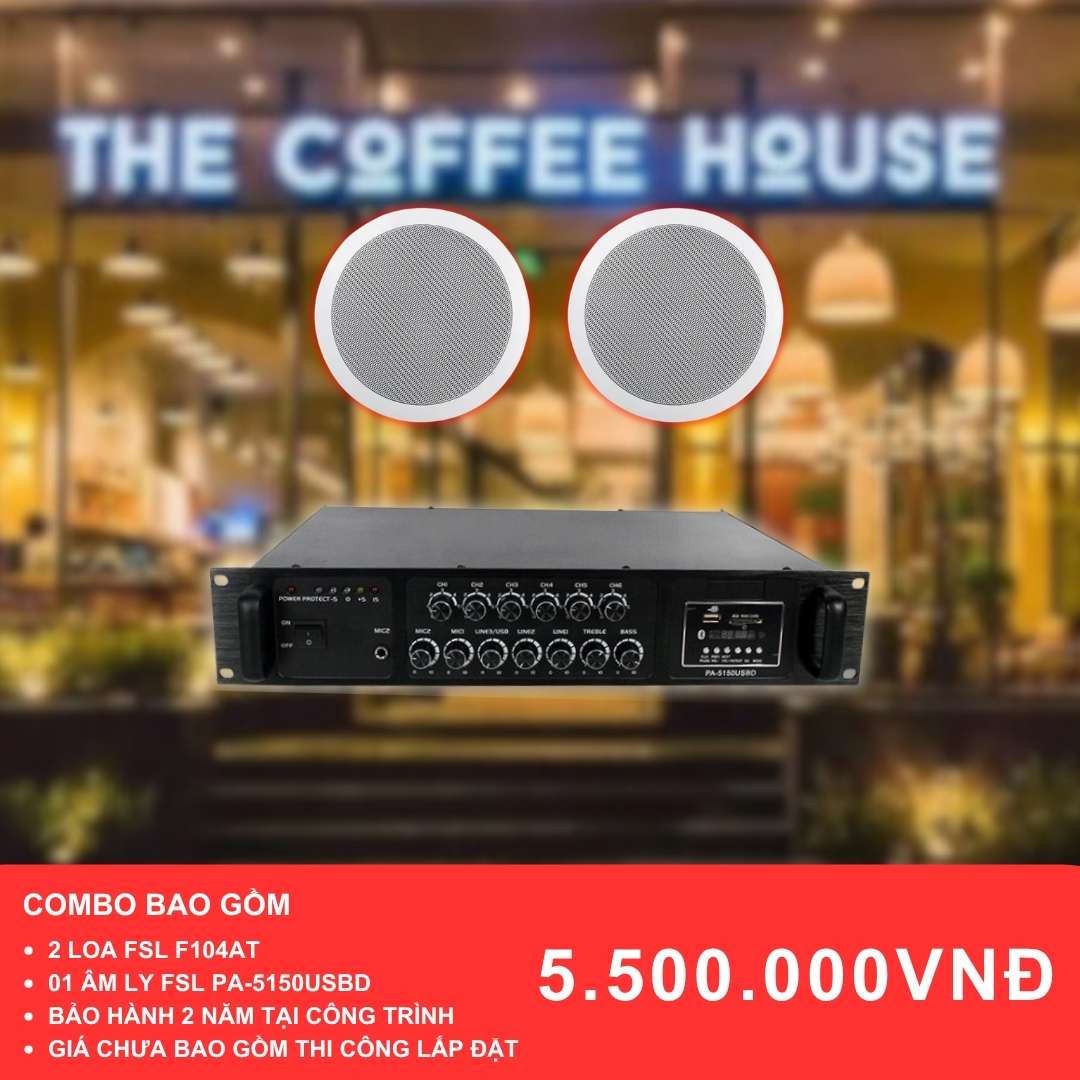 Combo loa âm trần F104AT và PA-5150USBD cho quán cafe diện tích dưới 50m2