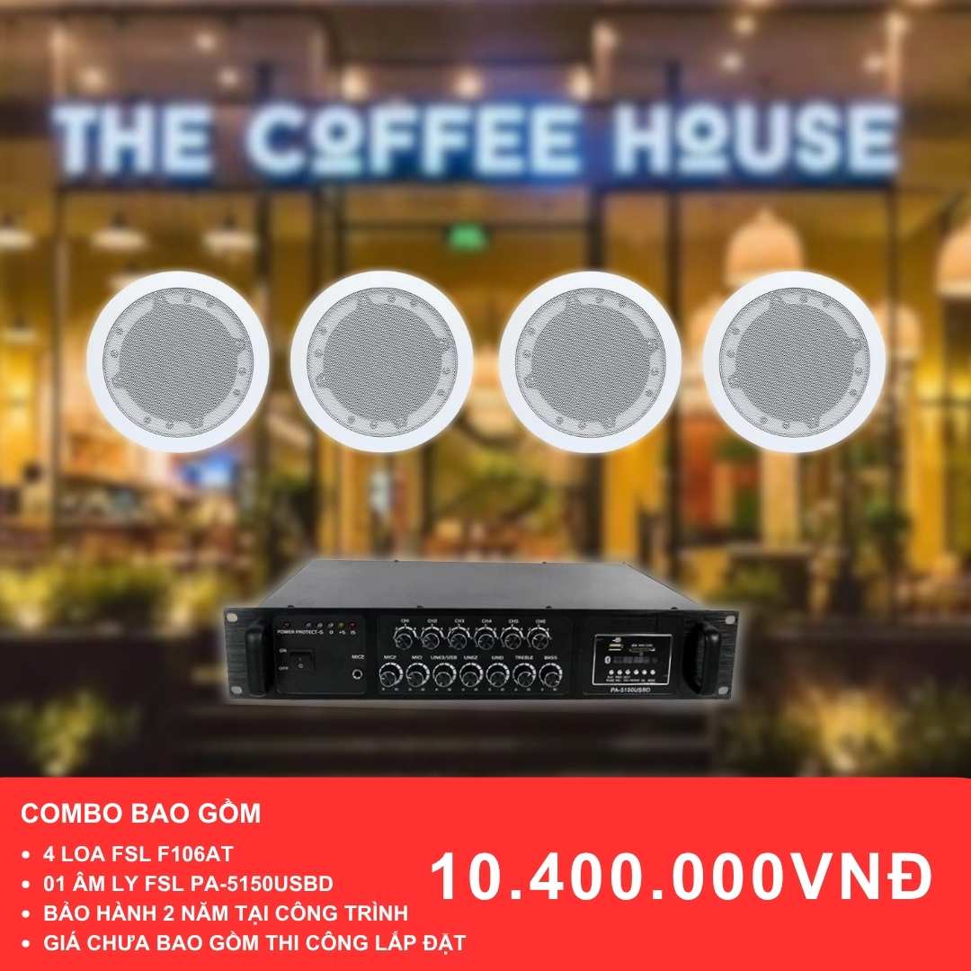 Combo loa âm trần F106AT và PA-5150USBD cho quán cafe diện tích 50-100m2