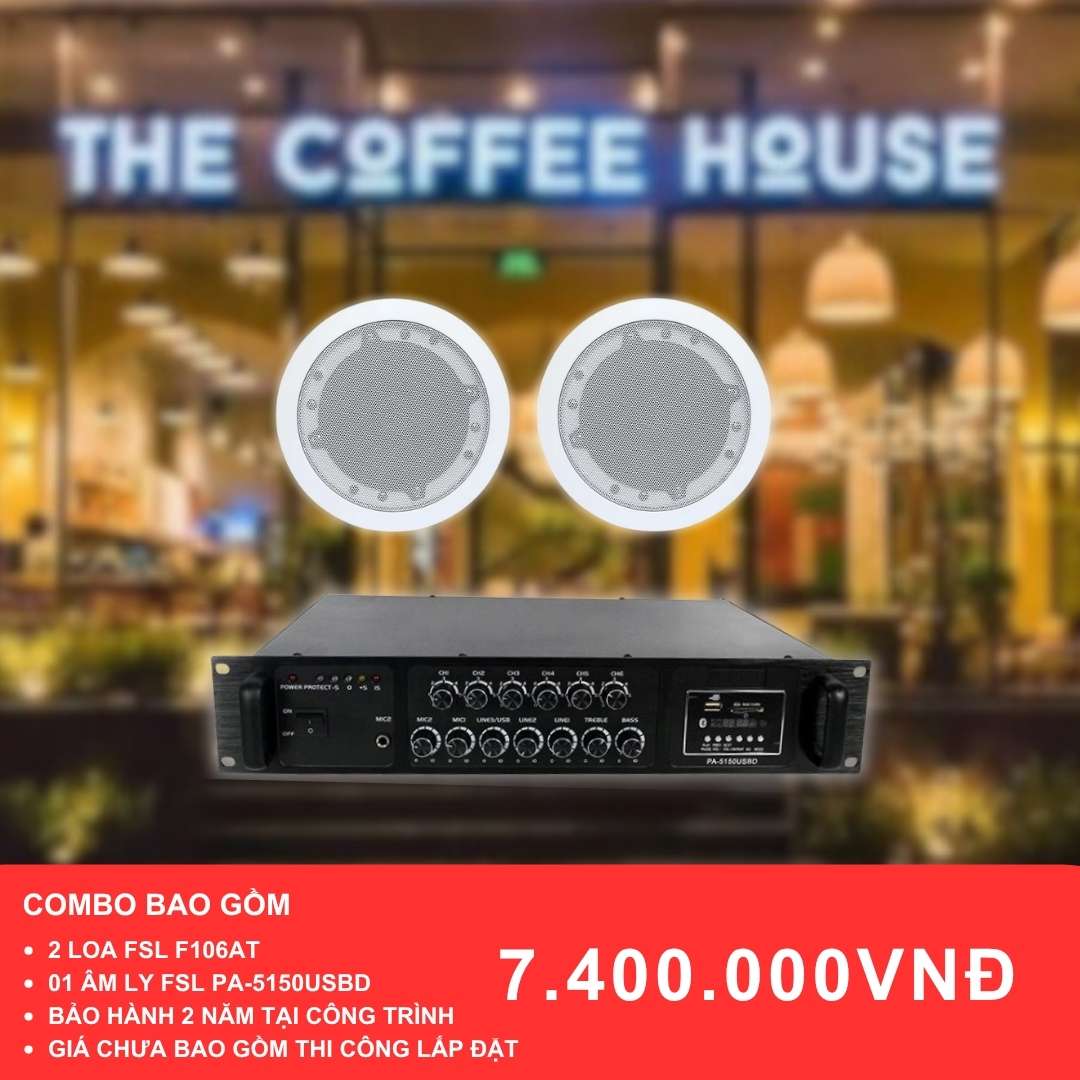 Combo loa âm trần F106AT và PA-5150USBD cho quán cafe diện tích dưới 50m2