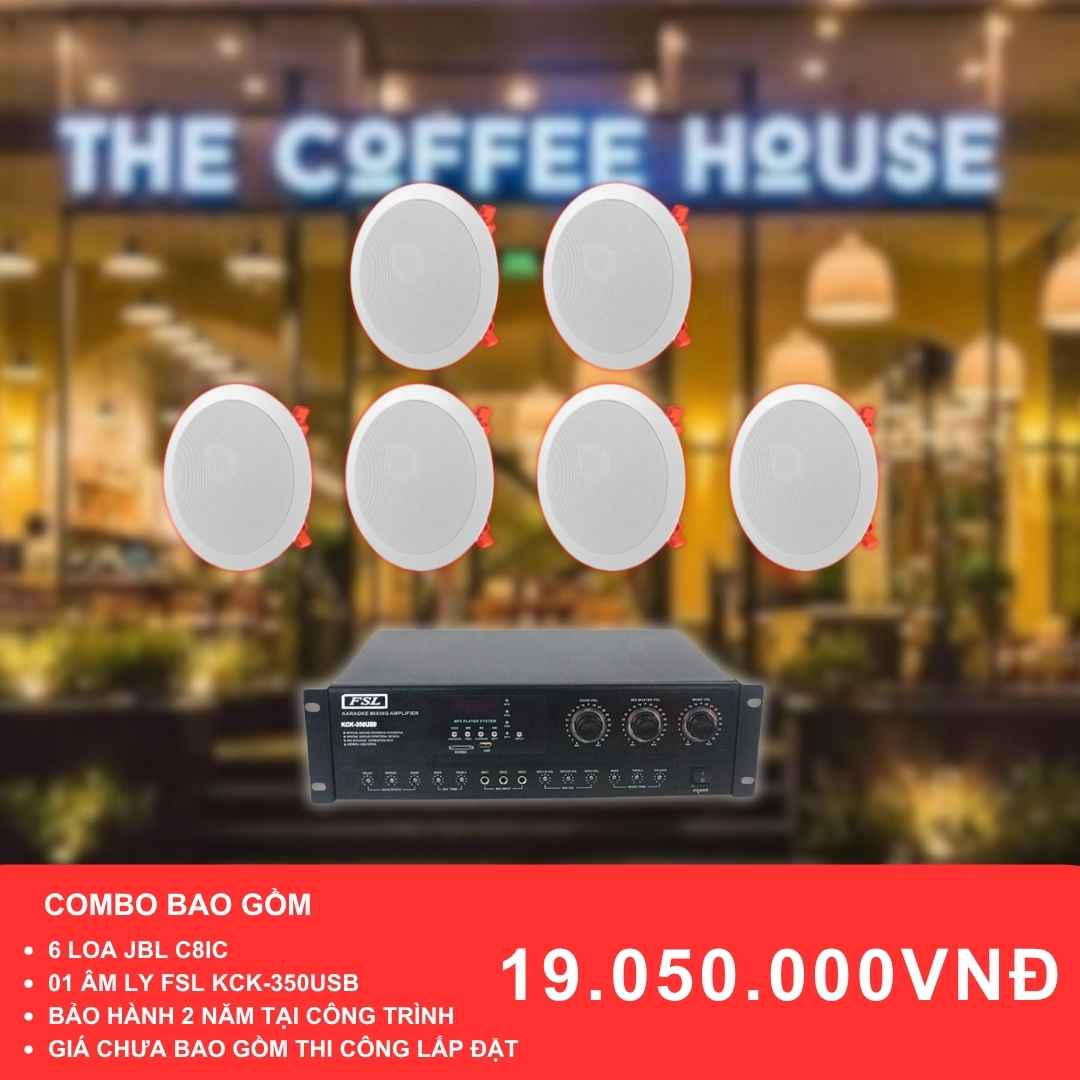 Combo loa âm trần JBL C8iC và âm ly KCK-350USB cho quán cafe diện tích 100-200m2