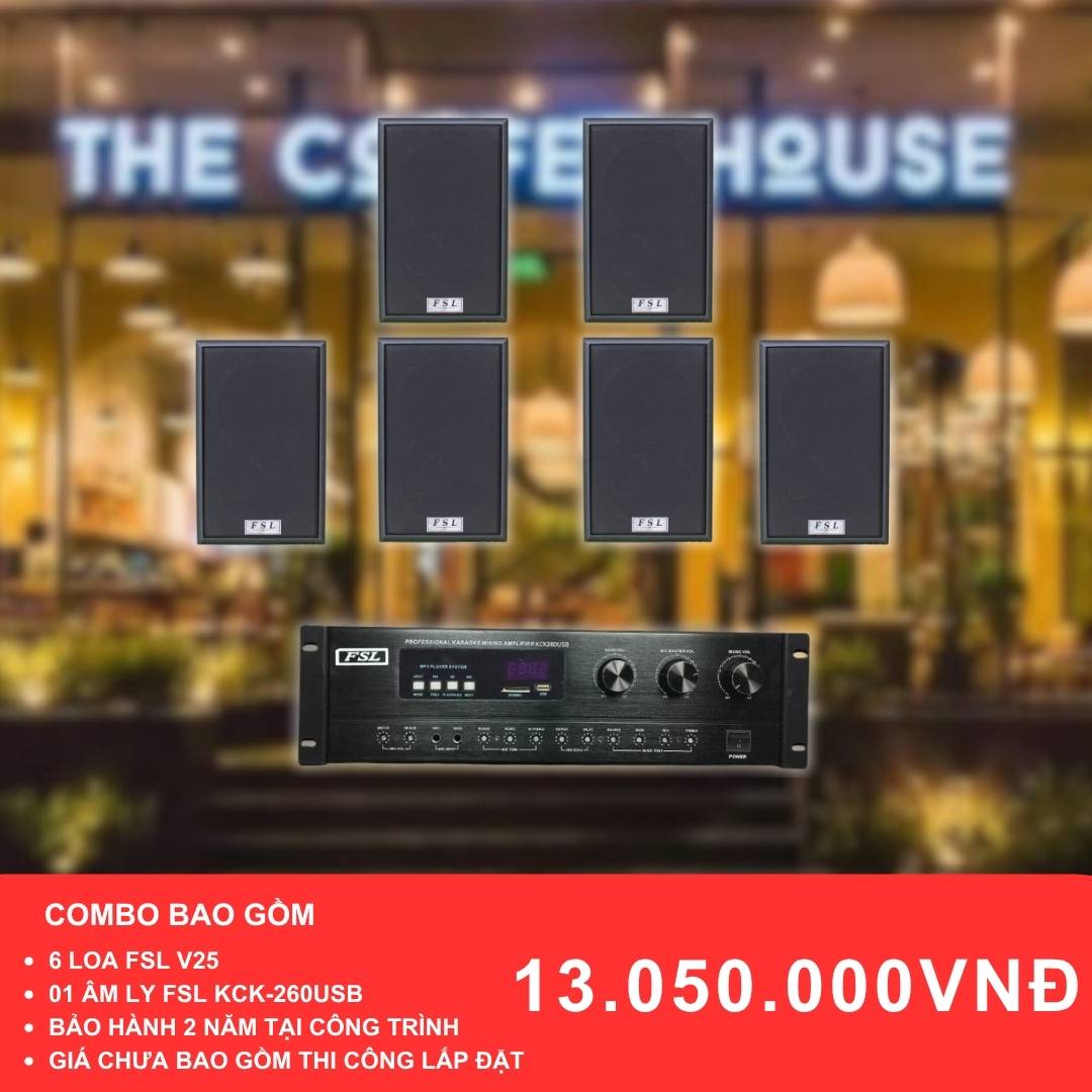 Combo loa treo tường FSL V25 và KCK-260USB cho quán cafe diện tích 100-200m2