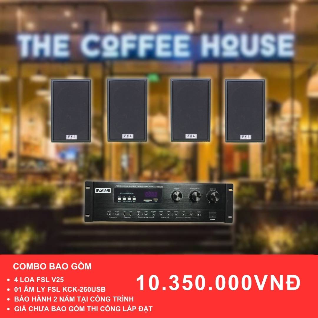Combo loa treo tường FSL V25 và KCK-260USB cho quán cafe diện tích 50-100m2